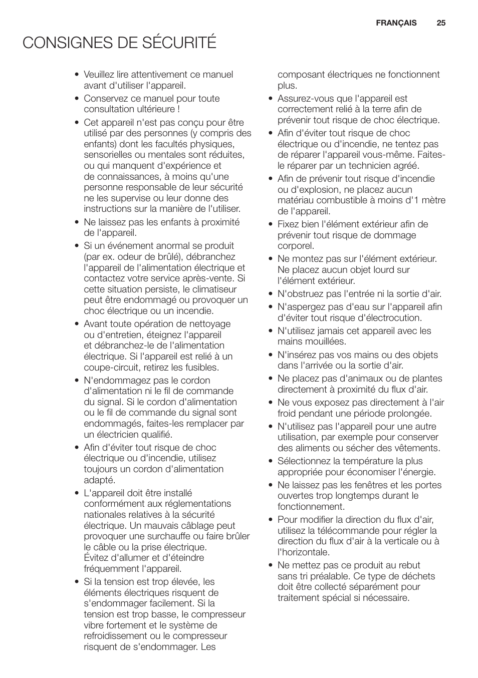 Consignes de sécurité | Electrolux EXH12HL1WE User Manual | Page 25 / 112