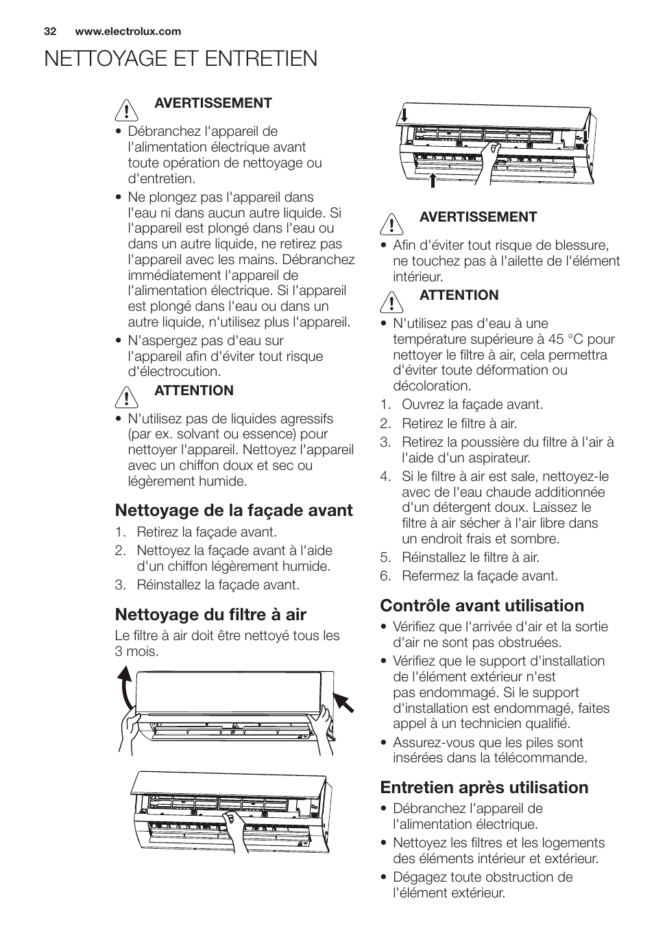 Nettoyage et entretien, Nettoyage de la façade avant, Nettoyage du filtre à air | Contrôle avant utilisation, Entretien après utilisation | Electrolux EXH12HL1WE User Manual | Page 32 / 112