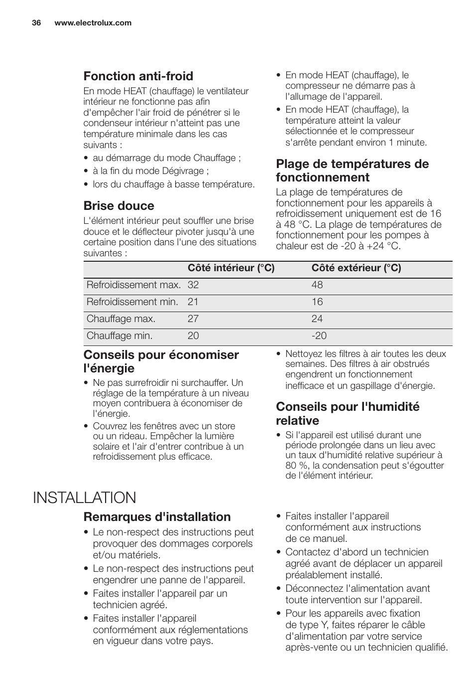 Installation, Fonction anti-froid, Brise douce | Plage de températures de fonctionnement, Conseils pour économiser l'énergie, Conseils pour l'humidité relative, Remarques d'installation | Electrolux EXH12HL1WE User Manual | Page 36 / 112