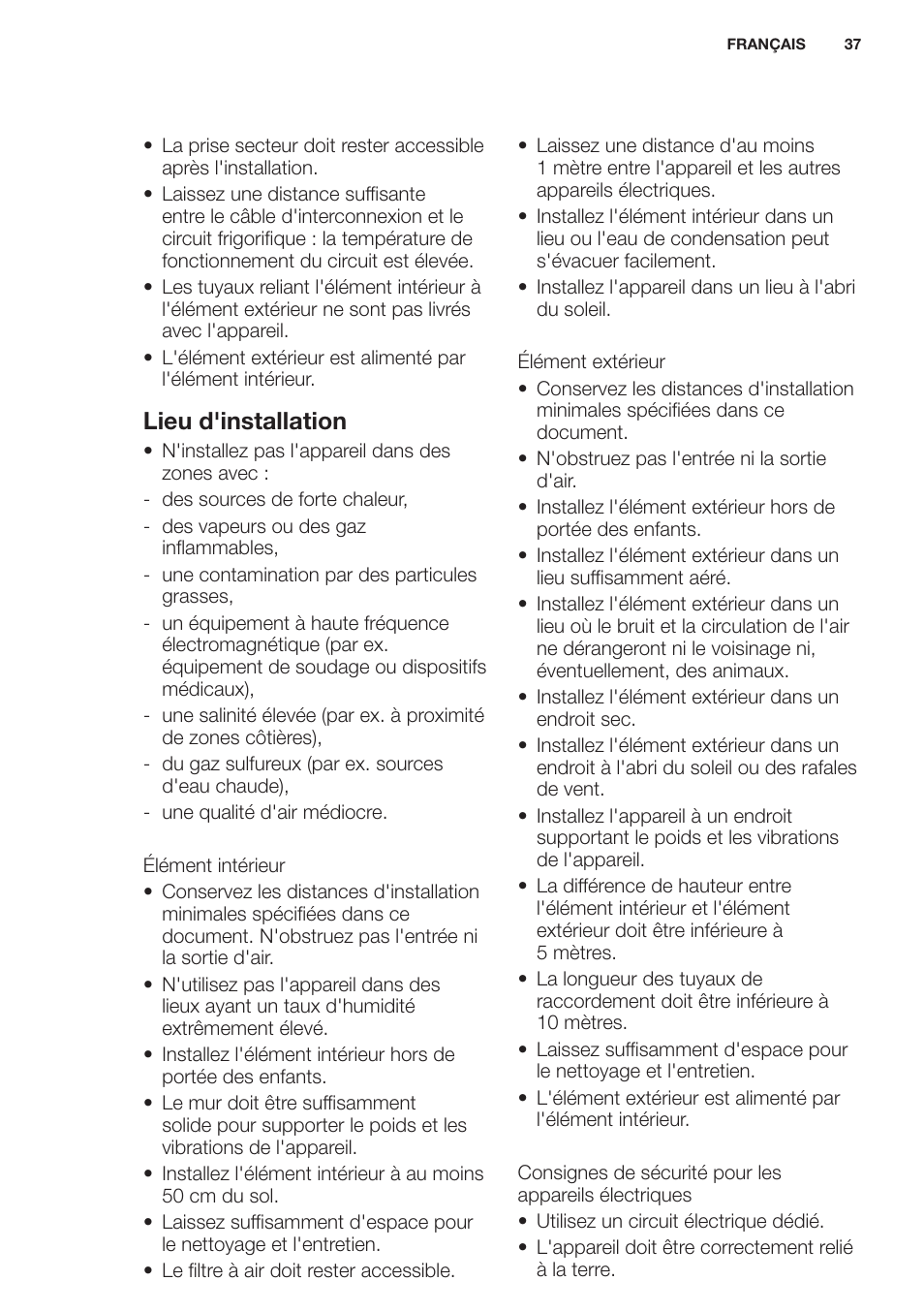 Lieu d'installation | Electrolux EXH12HL1WE User Manual | Page 37 / 112