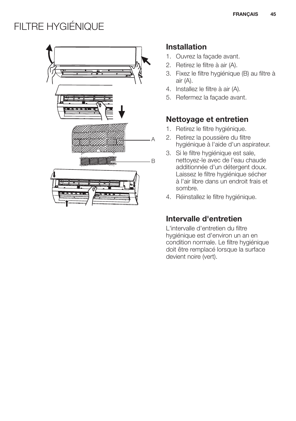 Filtre hygiénique | Electrolux EXH12HL1WE User Manual | Page 45 / 112