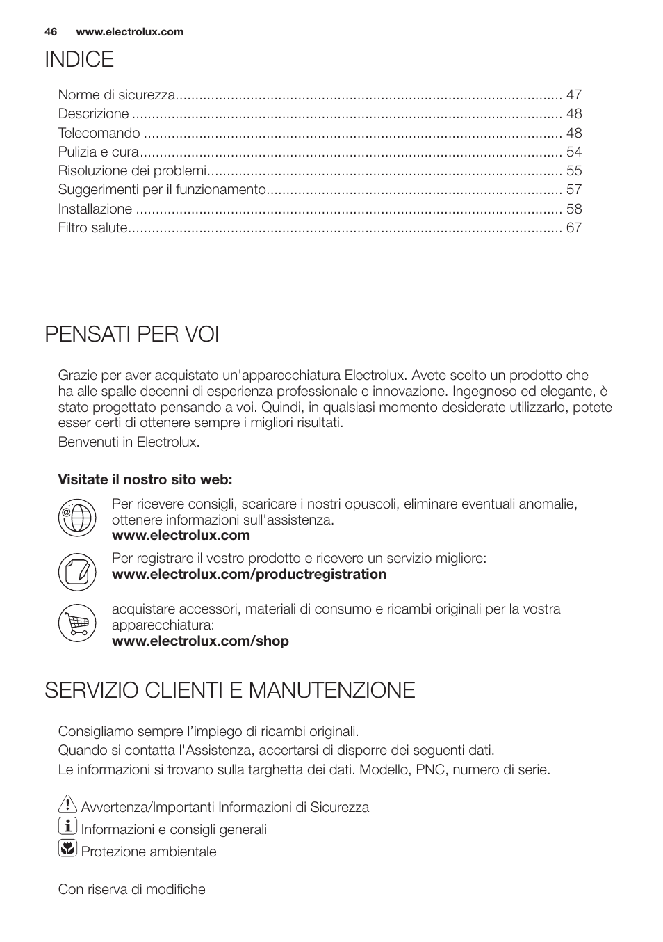 Indice pensati per voi, Servizio clienti e manutenzione | Electrolux EXH12HL1WE User Manual | Page 46 / 112