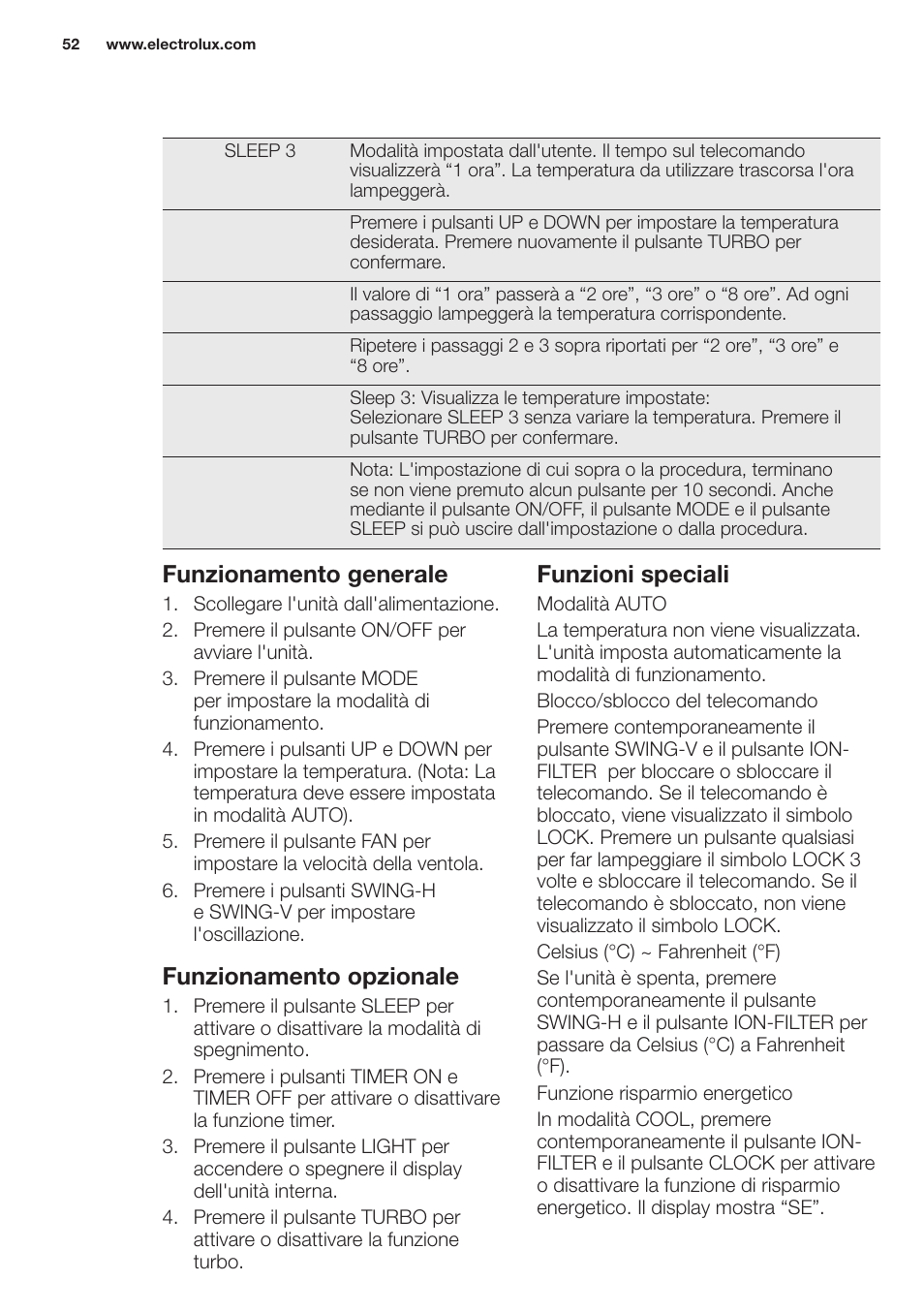 Funzionamento generale, Funzionamento opzionale, Funzioni speciali | Electrolux EXH12HL1WE User Manual | Page 52 / 112