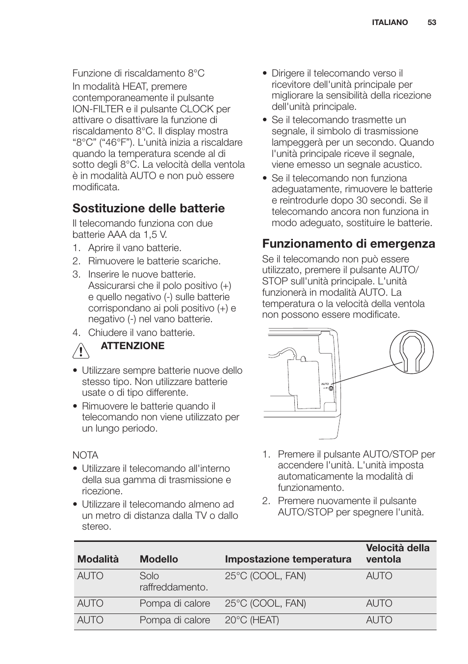 Sostituzione delle batterie, Funzionamento di emergenza | Electrolux EXH12HL1WE User Manual | Page 53 / 112