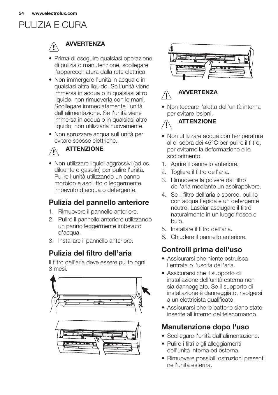 Pulizia e cura, Pulizia del pannello anteriore, Pulizia del filtro dell’aria | Controlli prima dell'uso, Manutenzione dopo l'uso | Electrolux EXH12HL1WE User Manual | Page 54 / 112