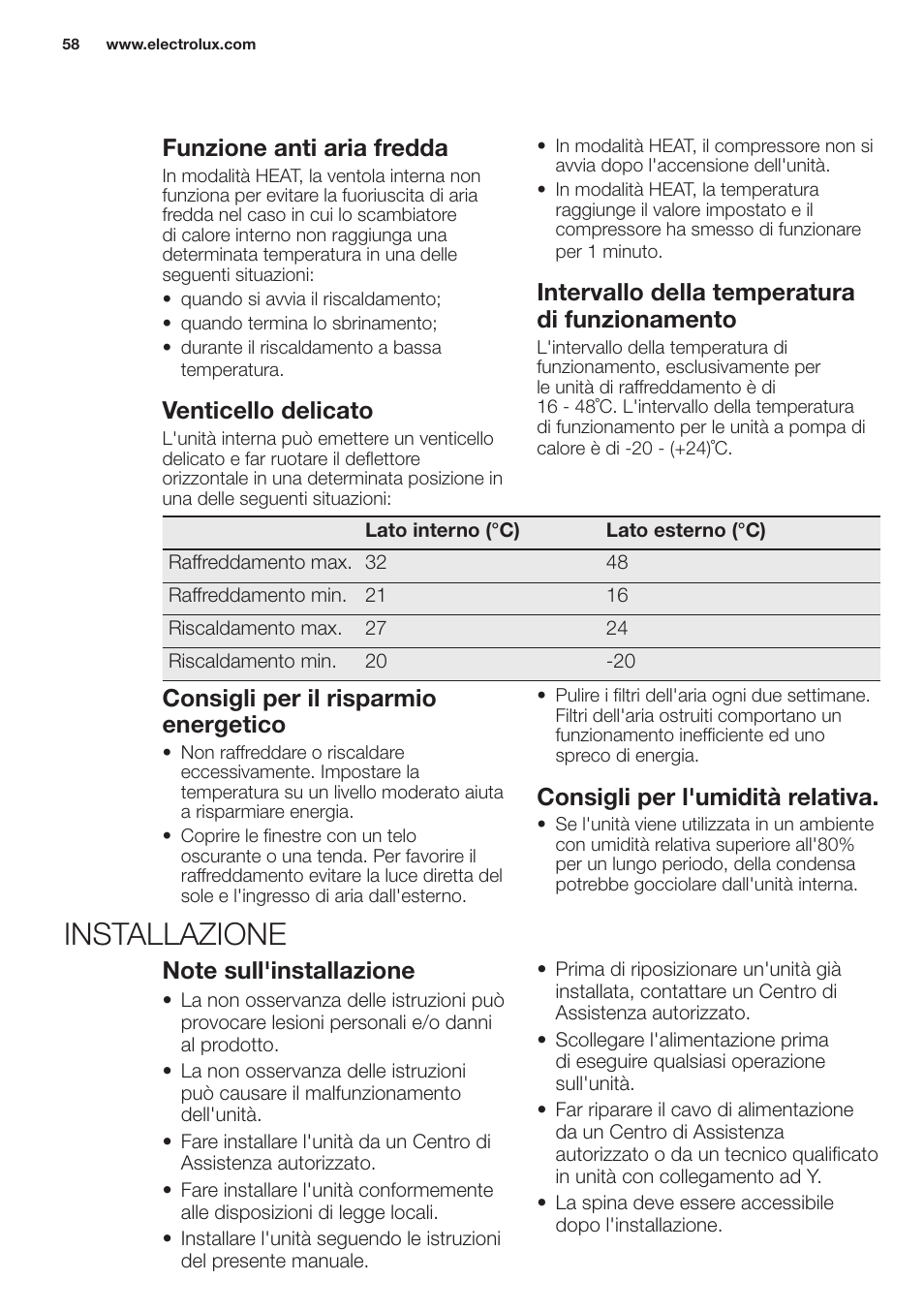 Installazione, Funzione anti aria fredda, Venticello delicato | Intervallo della temperatura di funzionamento, Consigli per il risparmio energetico, Consigli per l'umidità relativa | Electrolux EXH12HL1WE User Manual | Page 58 / 112