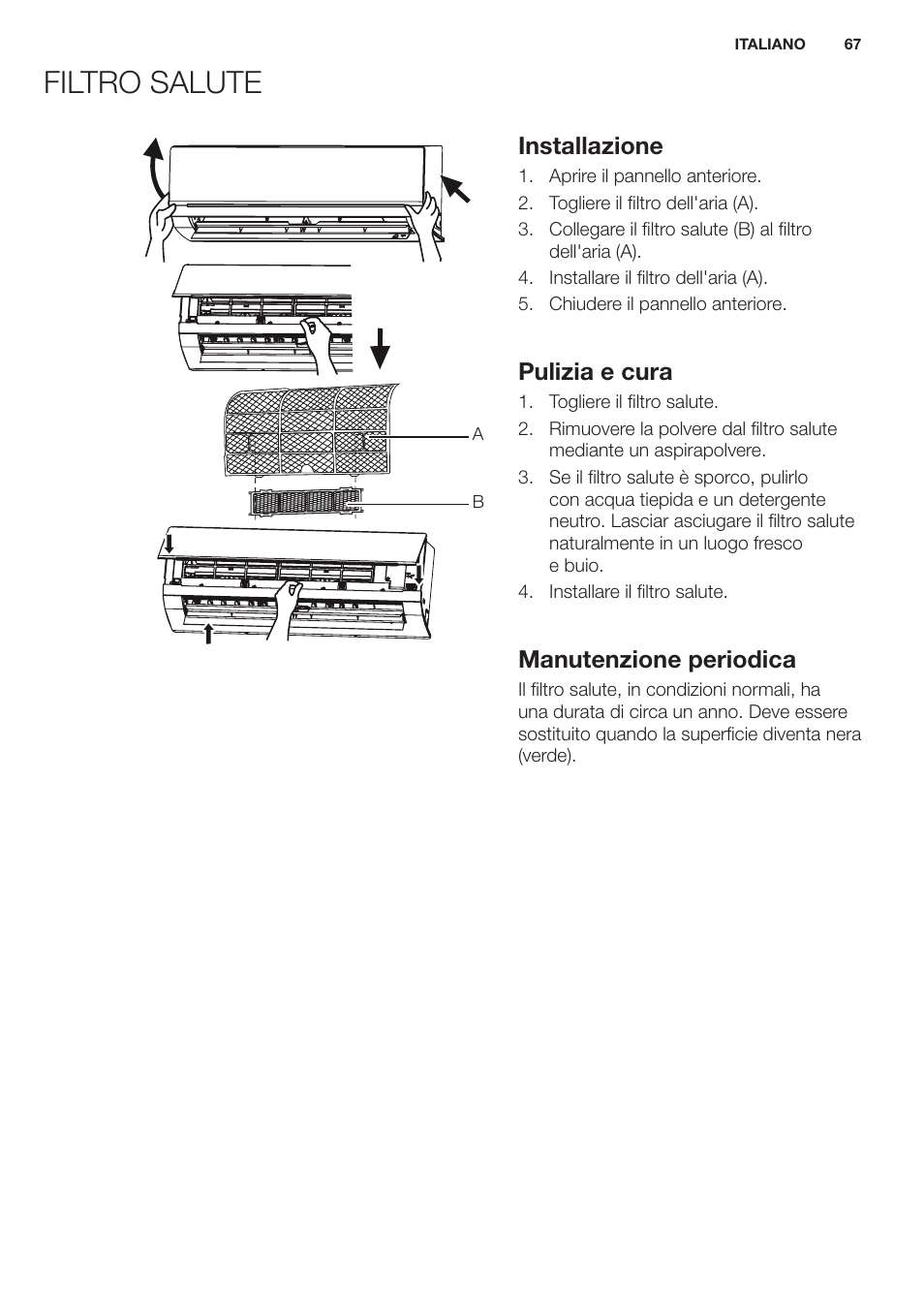 Filtro salute, Installazione, Pulizia e cura | Manutenzione periodica | Electrolux EXH12HL1WE User Manual | Page 67 / 112