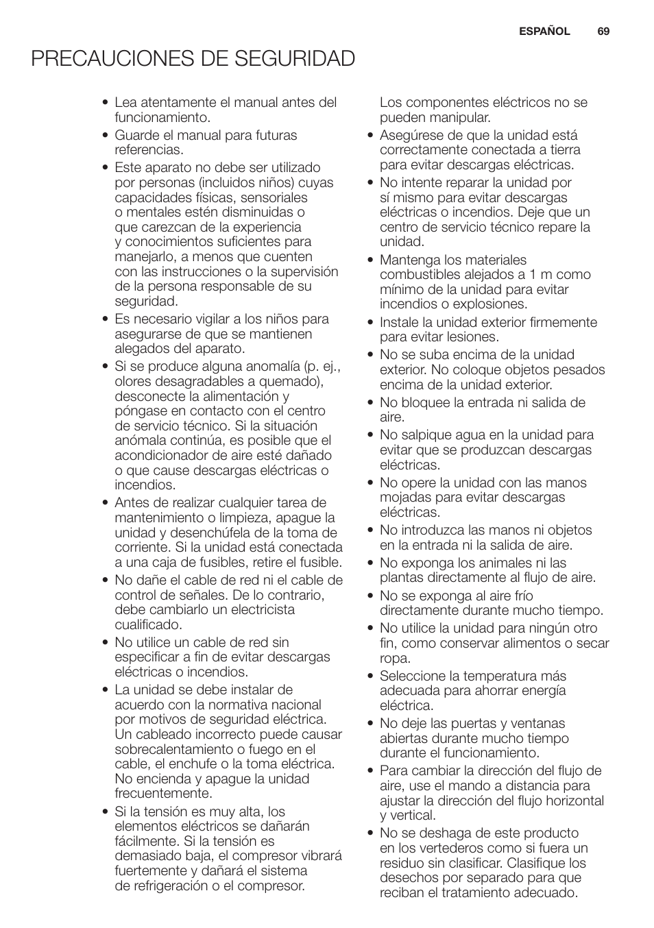 Precauciones de seguridad | Electrolux EXH12HL1WE User Manual | Page 69 / 112