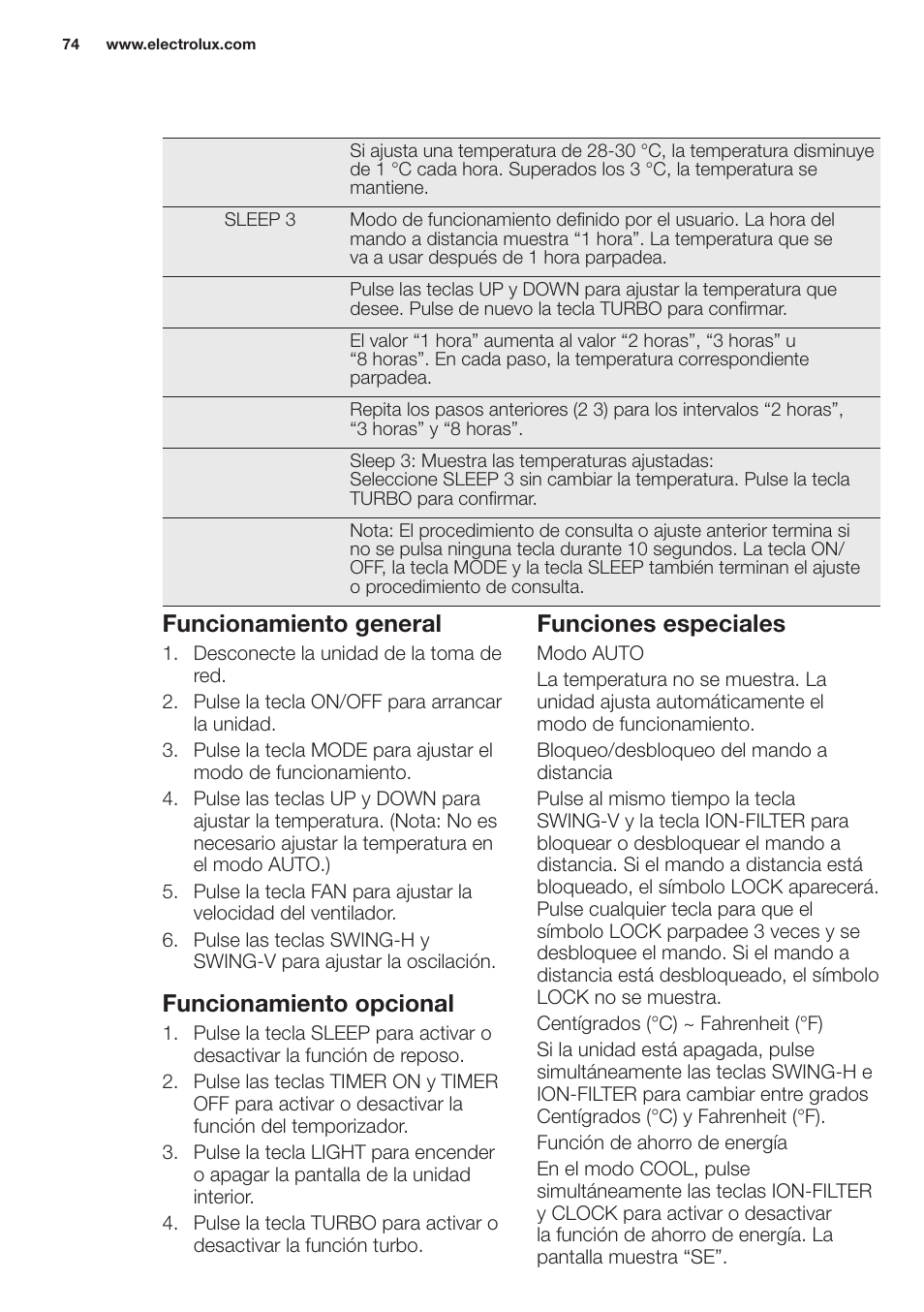 Funcionamiento general, Funcionamiento opcional, Funciones especiales | Electrolux EXH12HL1WE User Manual | Page 74 / 112