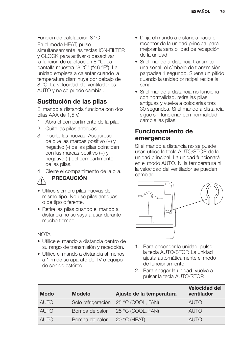 Sustitución de las pilas, Funcionamiento de emergencia | Electrolux EXH12HL1WE User Manual | Page 75 / 112