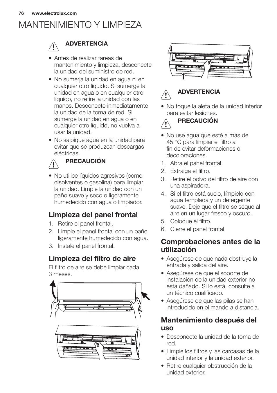 Mantenimiento y limpieza, Limpieza del panel frontal, Limpieza del filtro de aire | Comprobaciones antes de la utilización, Mantenimiento después del uso | Electrolux EXH12HL1WE User Manual | Page 76 / 112