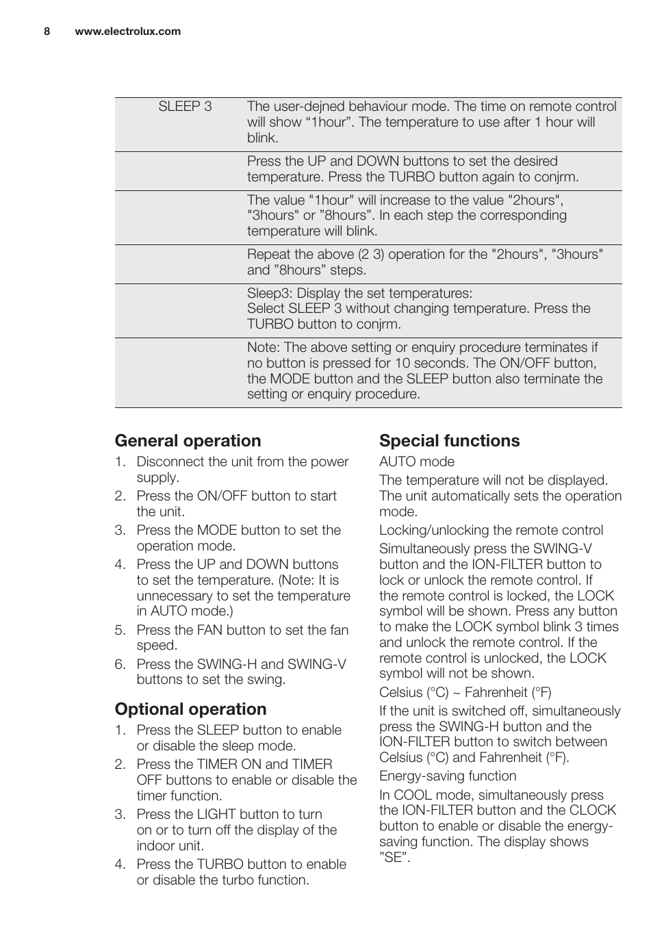 General operation, Optional operation, Special functions | Electrolux EXH12HL1WE User Manual | Page 8 / 112