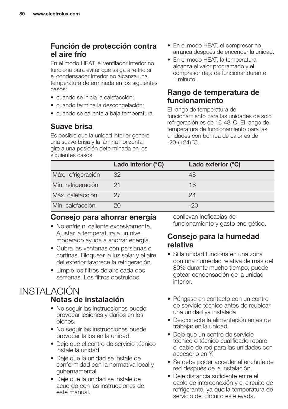 Instalación, Función de protección contra el aire frío, Suave brisa | Rango de temperatura de funcionamiento, Consejo para ahorrar energía, Consejo para la humedad relativa, Notas de instalación | Electrolux EXH12HL1WE User Manual | Page 80 / 112