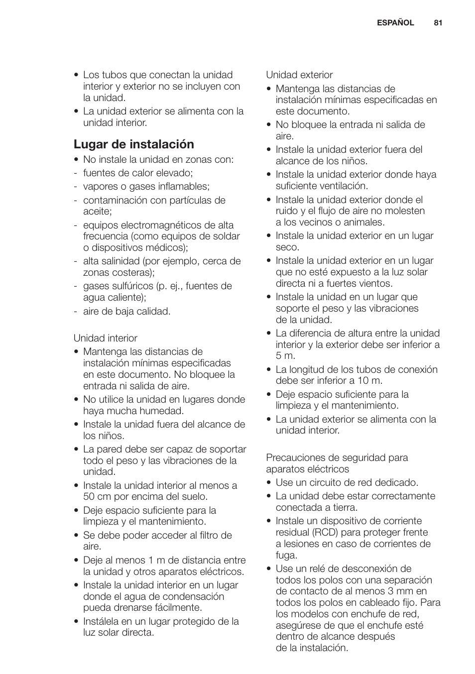 Lugar de instalación | Electrolux EXH12HL1WE User Manual | Page 81 / 112