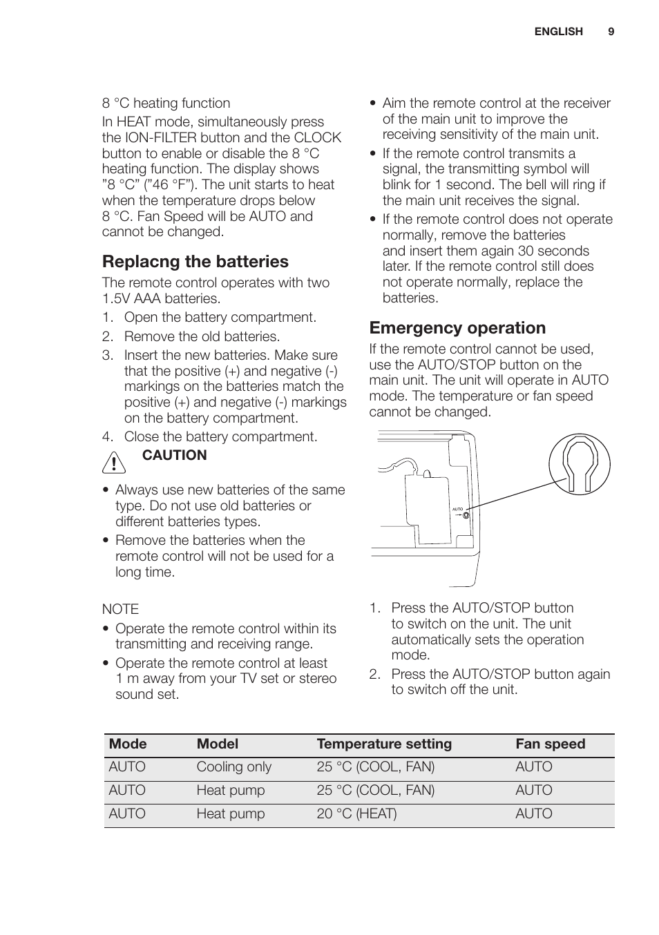 Replacng the batteries, Emergency operation | Electrolux EXH12HL1WE User Manual | Page 9 / 112