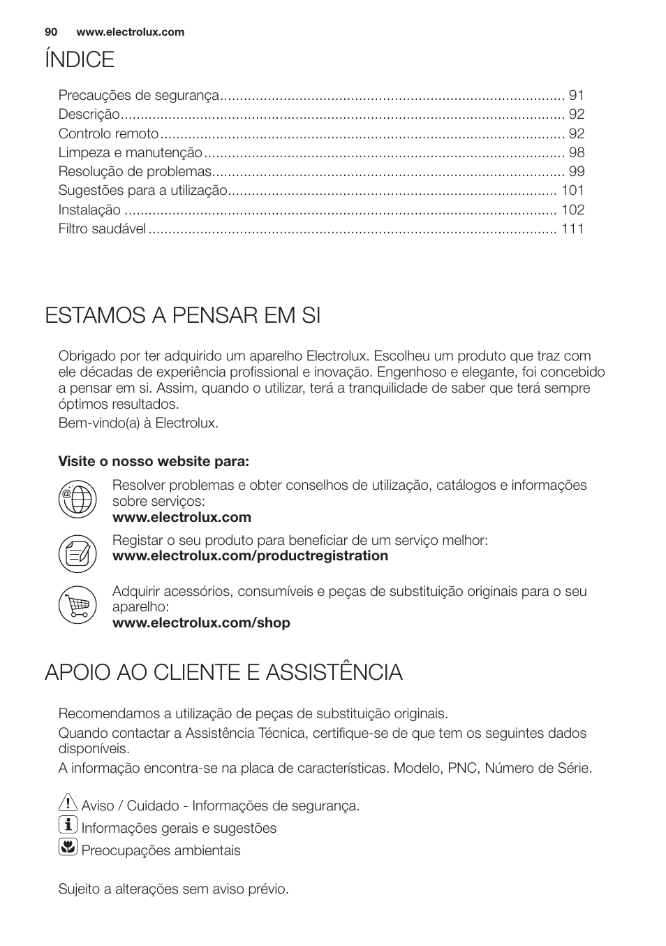 Índice estamos a pensar em si, Apoio ao cliente e assistência | Electrolux EXH12HL1WE User Manual | Page 90 / 112