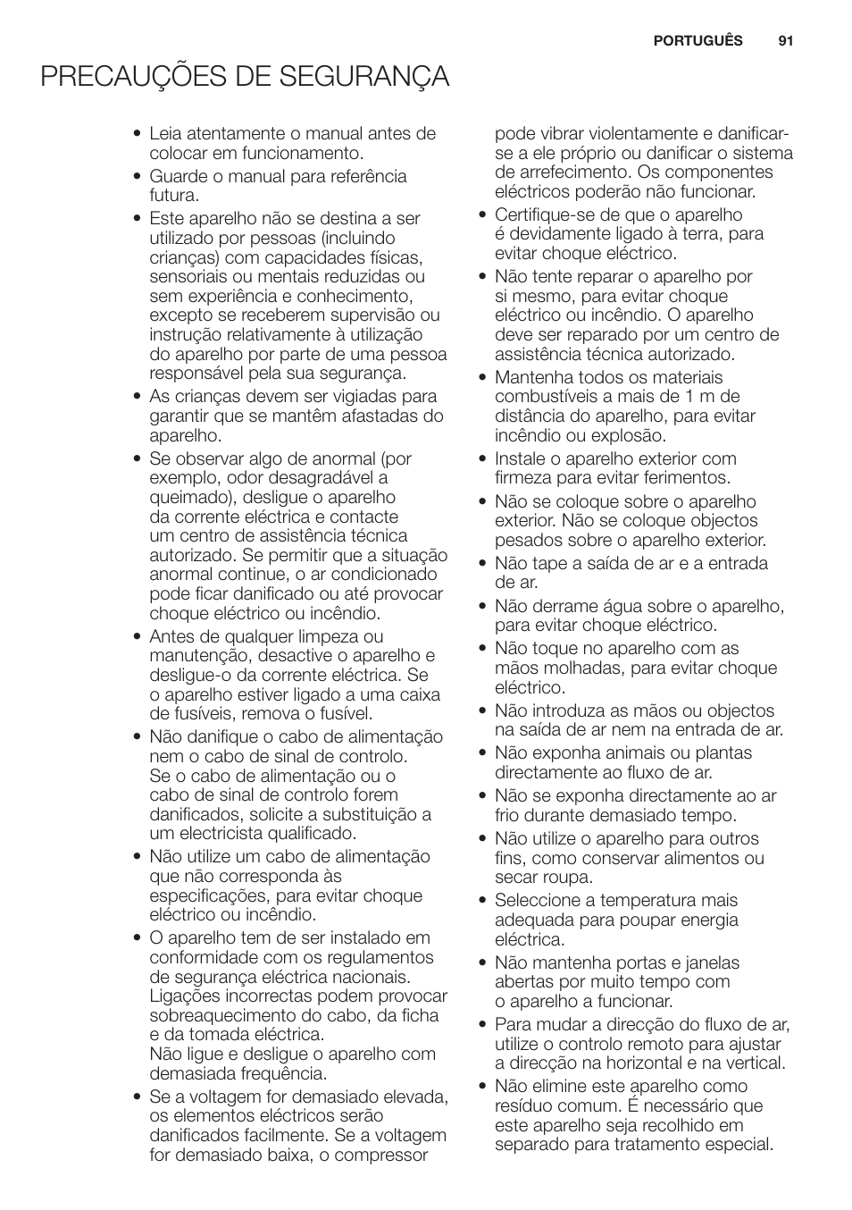 Precauções de segurança | Electrolux EXH12HL1WE User Manual | Page 91 / 112