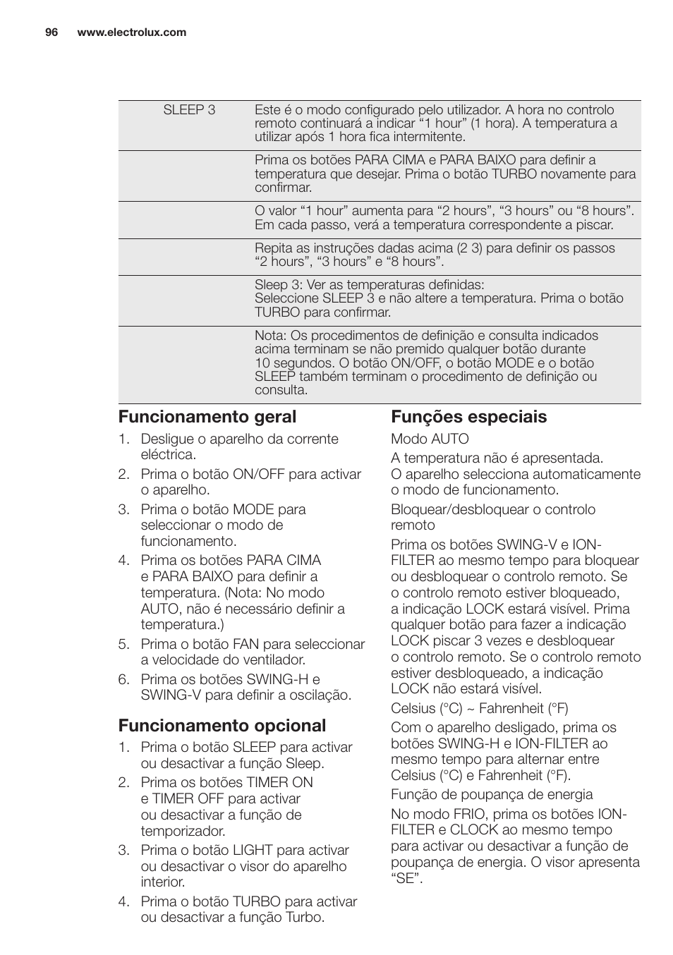 Funcionamento geral, Funcionamento opcional, Funções especiais | Electrolux EXH12HL1WE User Manual | Page 96 / 112