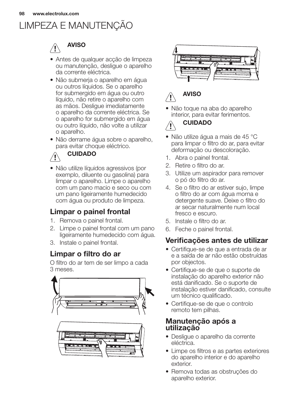 Limpeza e manutenção, Limpar o painel frontal, Limpar o filtro do ar | Verificações antes de utilizar, Manutenção após a utilização | Electrolux EXH12HL1WE User Manual | Page 98 / 112