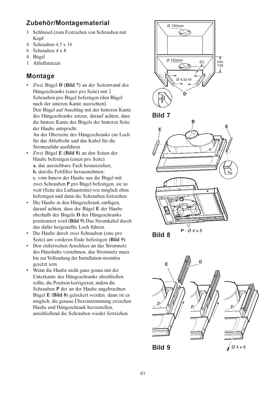Zubehör/montagematerial, Montage, Bild 7 bild 8 bild 9 | Electrolux EFP6440X User Manual | Page 10 / 68