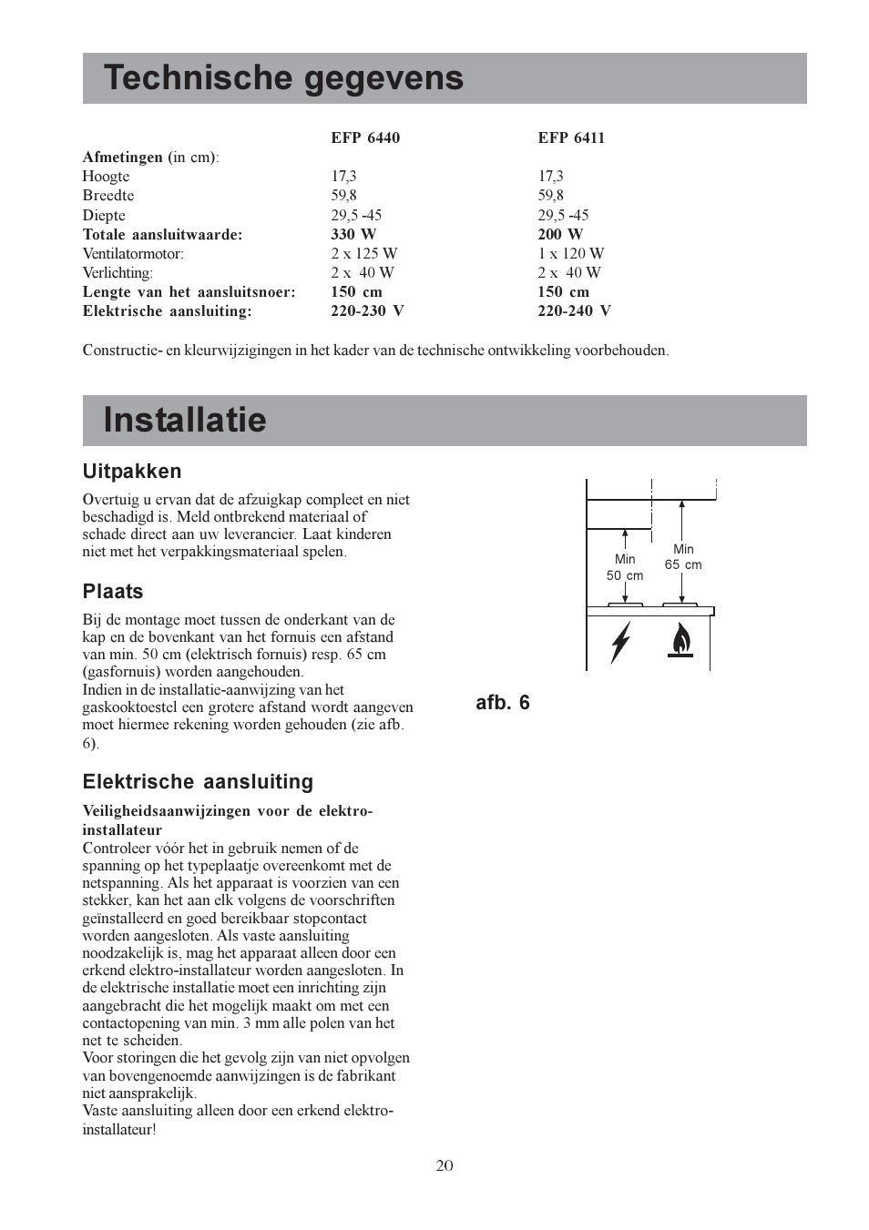 Technische gegevens, Installatie, Uitpakken | Plaats, Elektrische aansluiting, Afb. 6 | Electrolux EFP6440X User Manual | Page 20 / 68