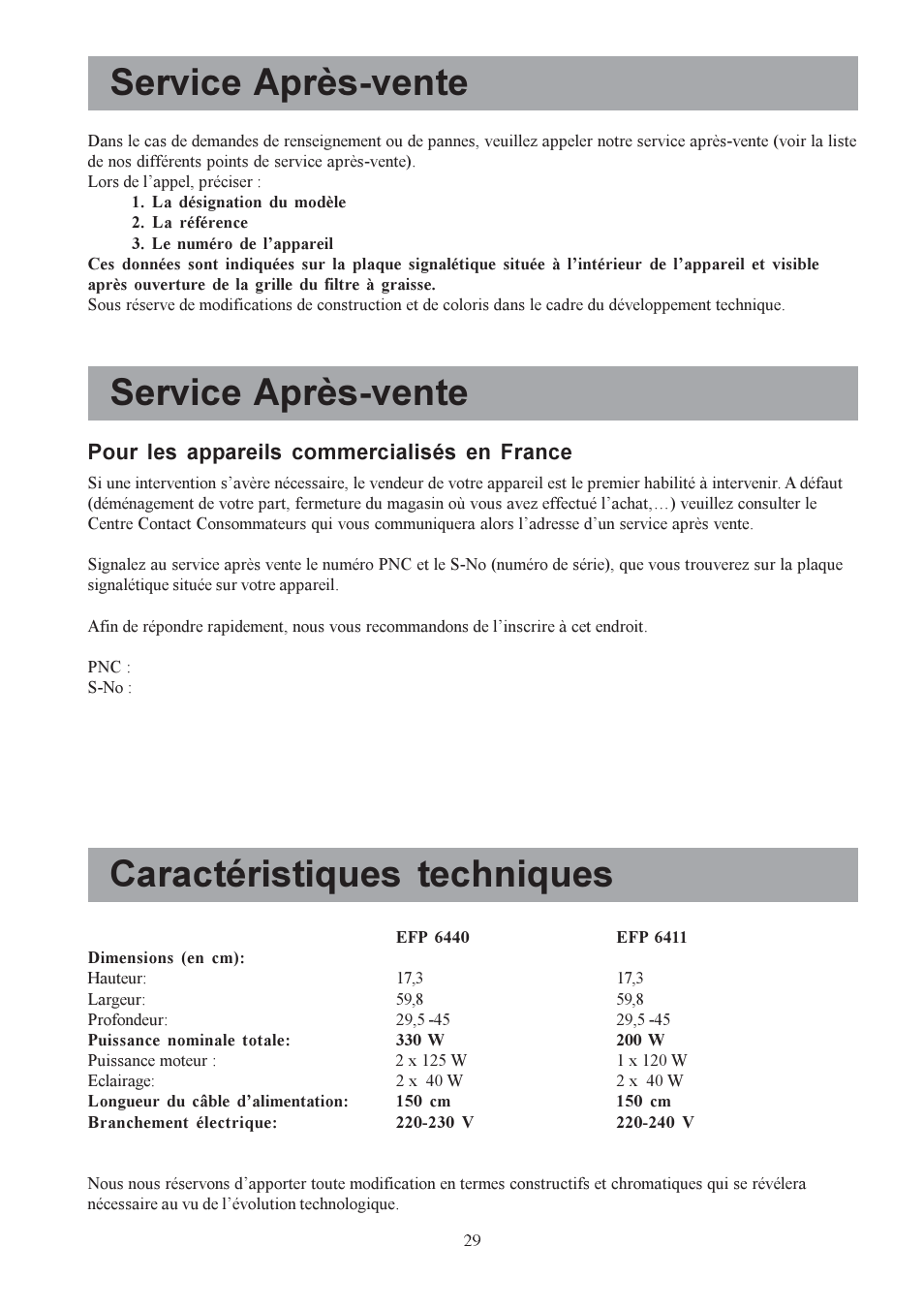 Service après-vente, Caractéristiques techniques, Pour les appareils commercialisés en france | Electrolux EFP6440X User Manual | Page 29 / 68