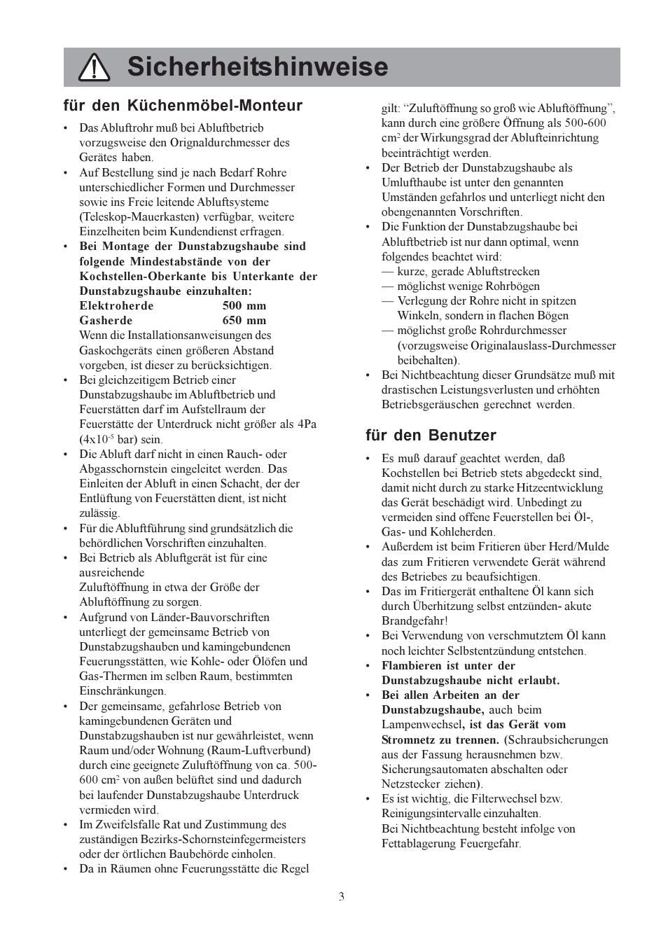 Sicherheitshinweise, Für den küchenmöbel-monteur, Für den benutzer | Electrolux EFP6440X User Manual | Page 3 / 68