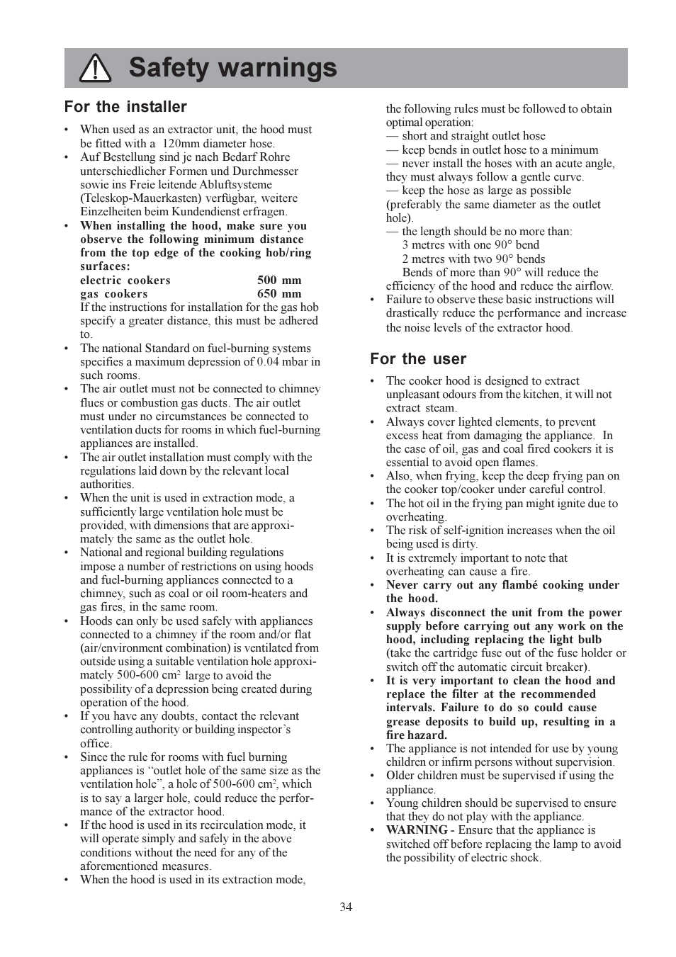 Safety warnings, For the installer, For the user | Electrolux EFP6440X User Manual | Page 34 / 68