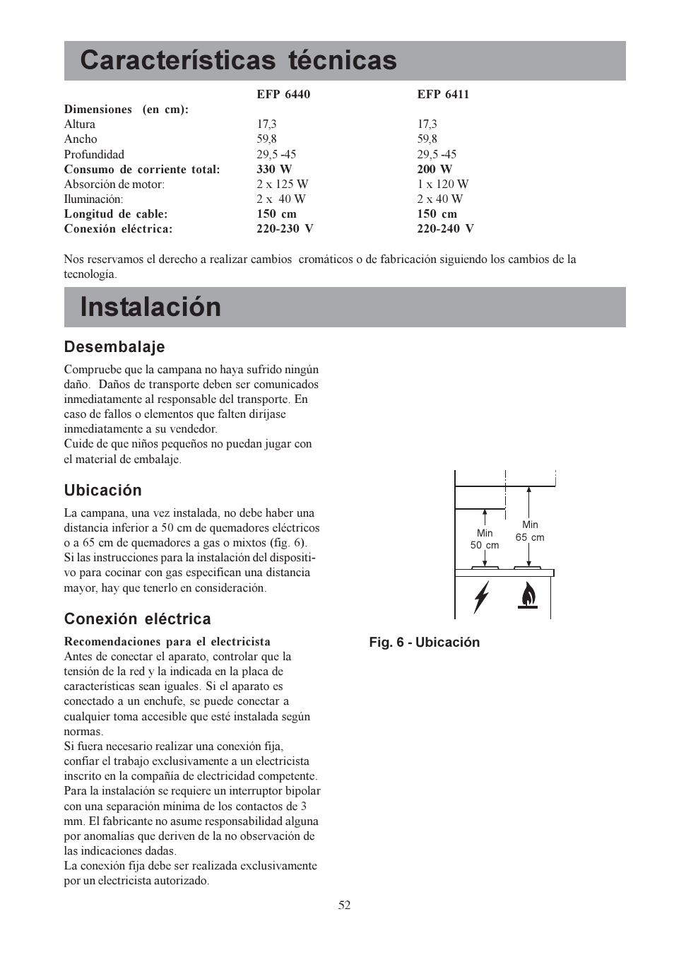 Características técnicas, Instalación, Desembalaje | Ubicación, Conexión eléctrica | Electrolux EFP6440X User Manual | Page 52 / 68