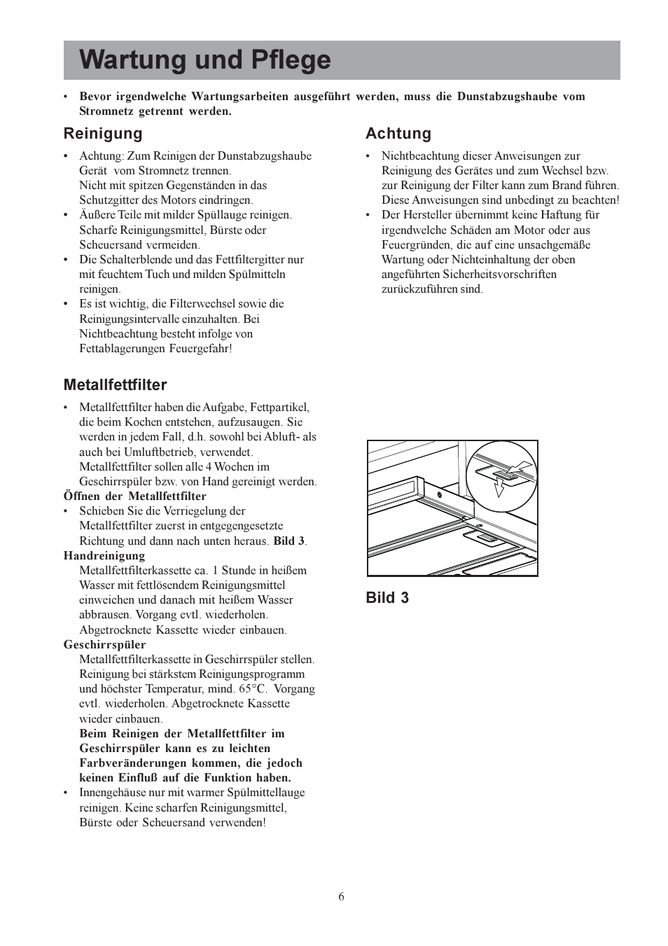 Wartung und pflege, Achtung, Reinigung | Metallfettfilter, Bild 3 | Electrolux EFP6440X User Manual | Page 6 / 68