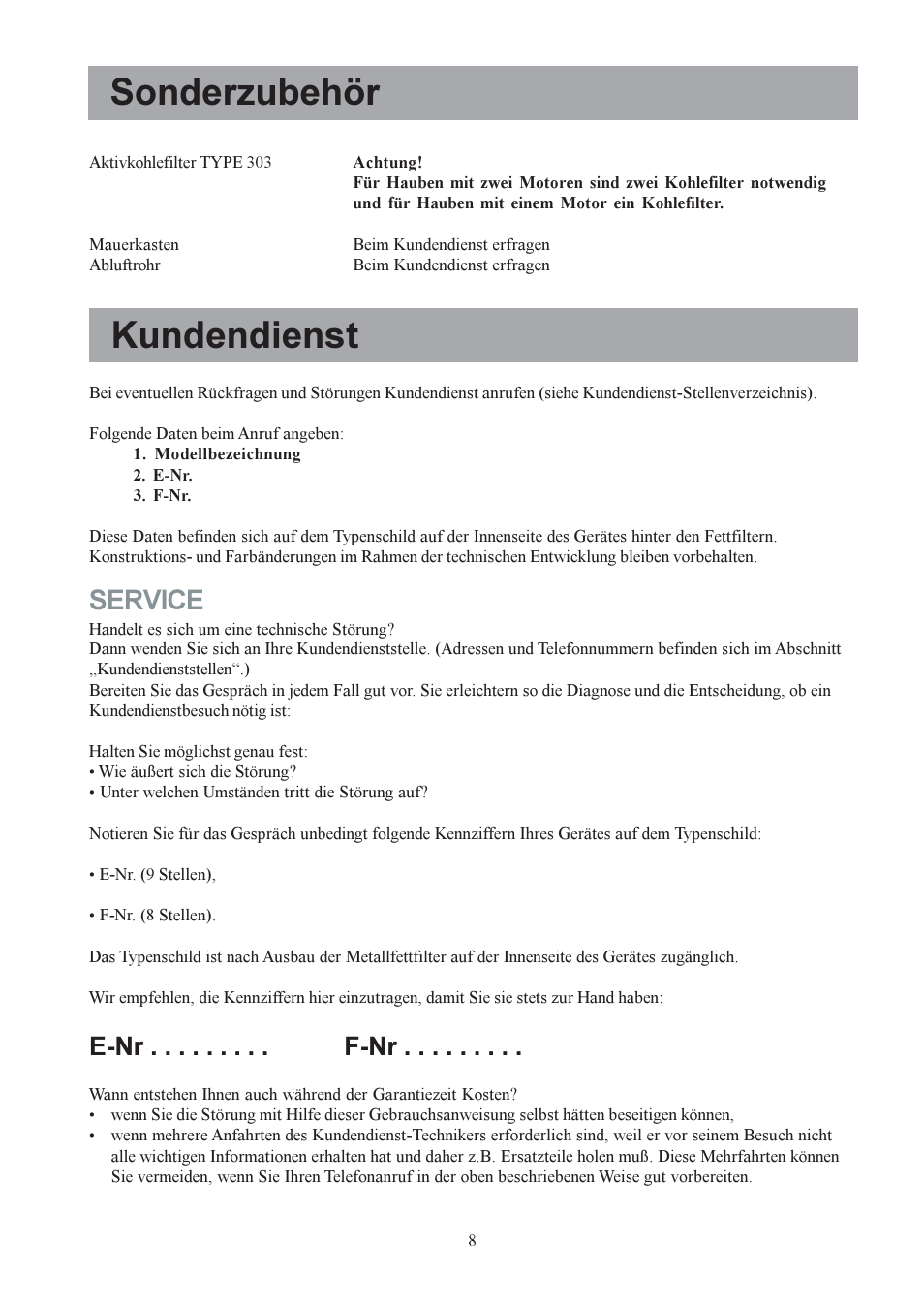 Sonderzubehör, Kundendienst, Service | E-nr . . . . . . . . . f-nr | Electrolux EFP6440X User Manual | Page 8 / 68