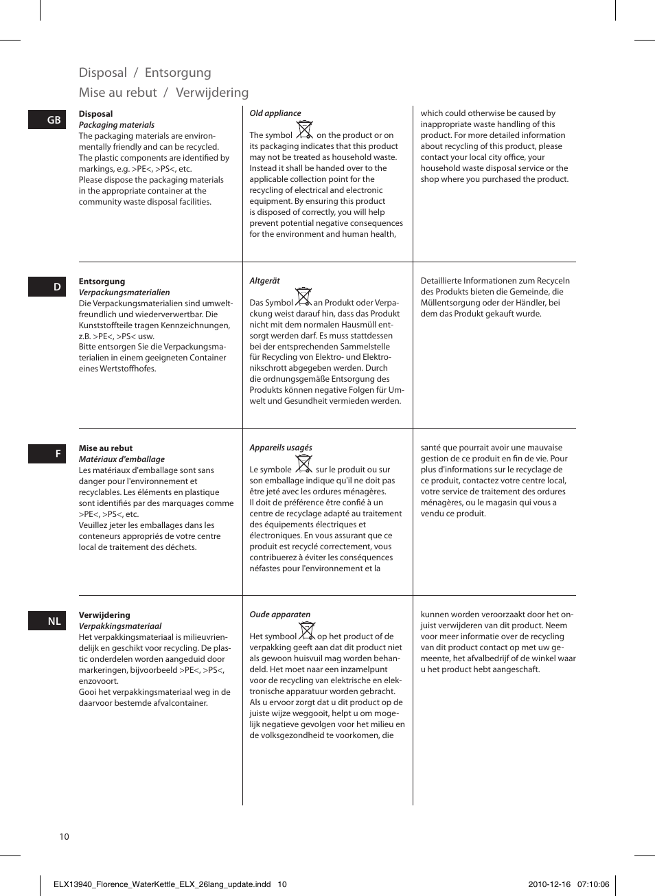 Disposal / entsorgung, Mise au rebut, Verwijdering | Electrolux EEWA5200 User Manual | Page 10 / 60