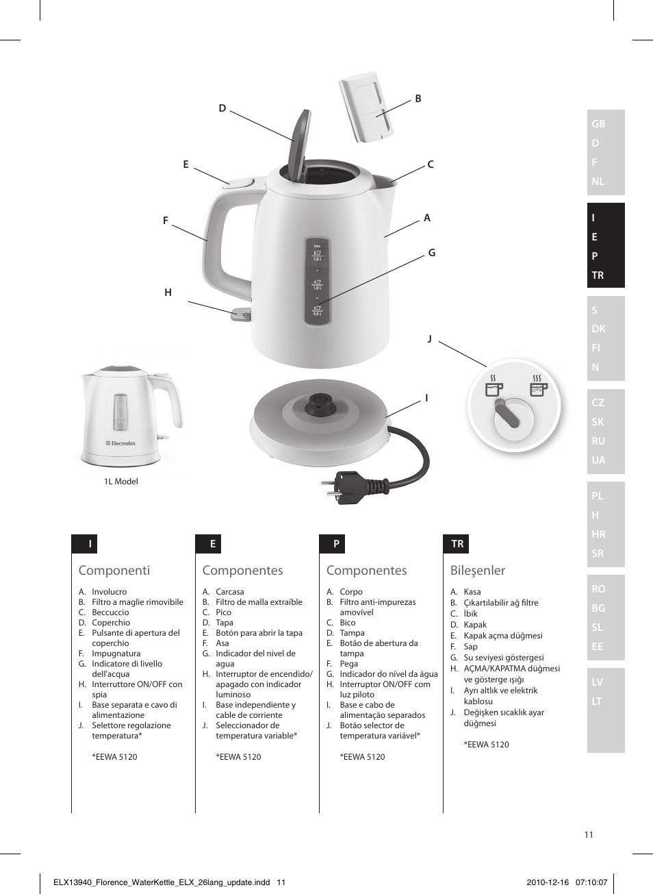 Componenti, Componentes, Bileşenler | Electrolux EEWA5200 User Manual | Page 11 / 60