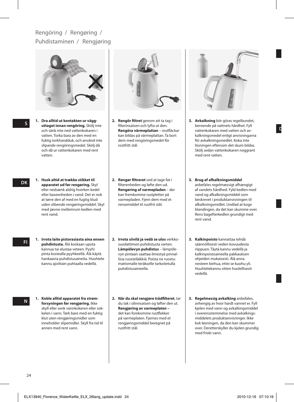 Rengöring / rengøring, Puhdistaminen, Rengjøring | Electrolux EEWA5200 User Manual | Page 24 / 60