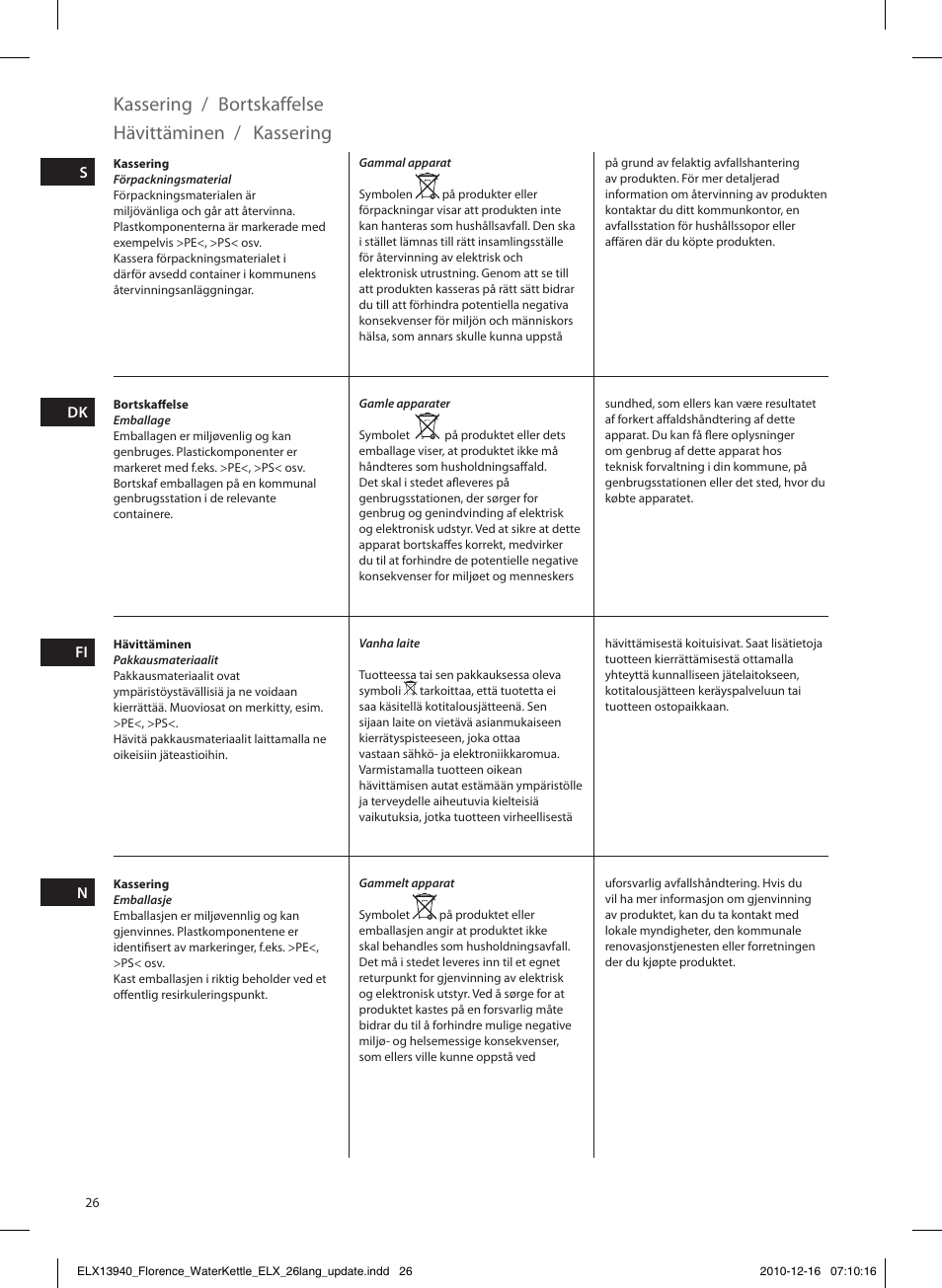 Kassering, Bortskaffelse, Hävittäminen | Electrolux EEWA5200 User Manual | Page 26 / 60