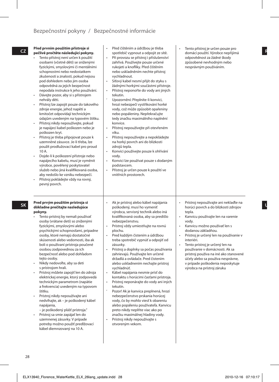 Bezpečnostní pokyny / bezpečnostné informácie | Electrolux EEWA5200 User Manual | Page 28 / 60