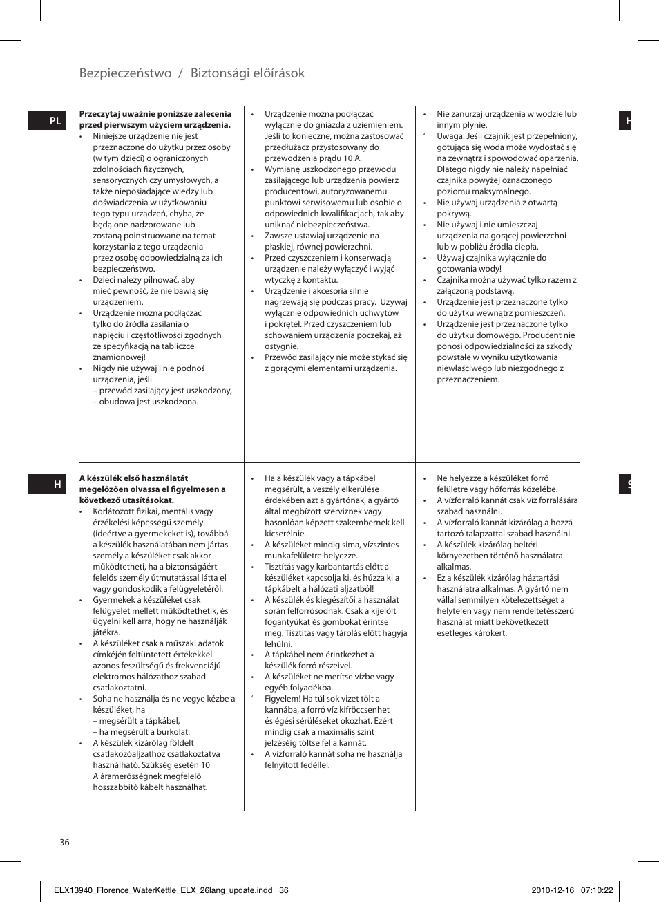 Bezpieczeństwo / biztonsági előírások | Electrolux EEWA5200 User Manual | Page 36 / 60