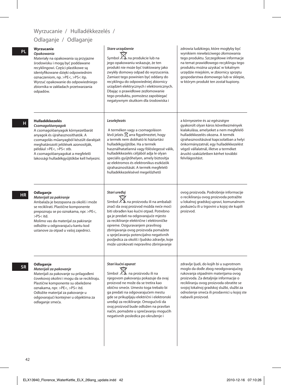 Wyrzucanie, Hulladékkezelés, Odlaganje | Electrolux EEWA5200 User Manual | Page 42 / 60