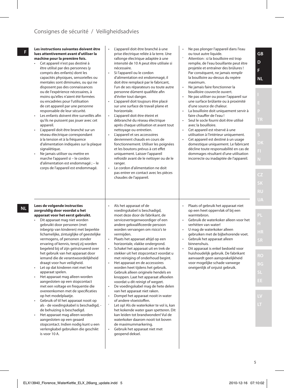 Consignes de sécurité / veiligheidsadvies | Electrolux EEWA5200 User Manual | Page 5 / 60