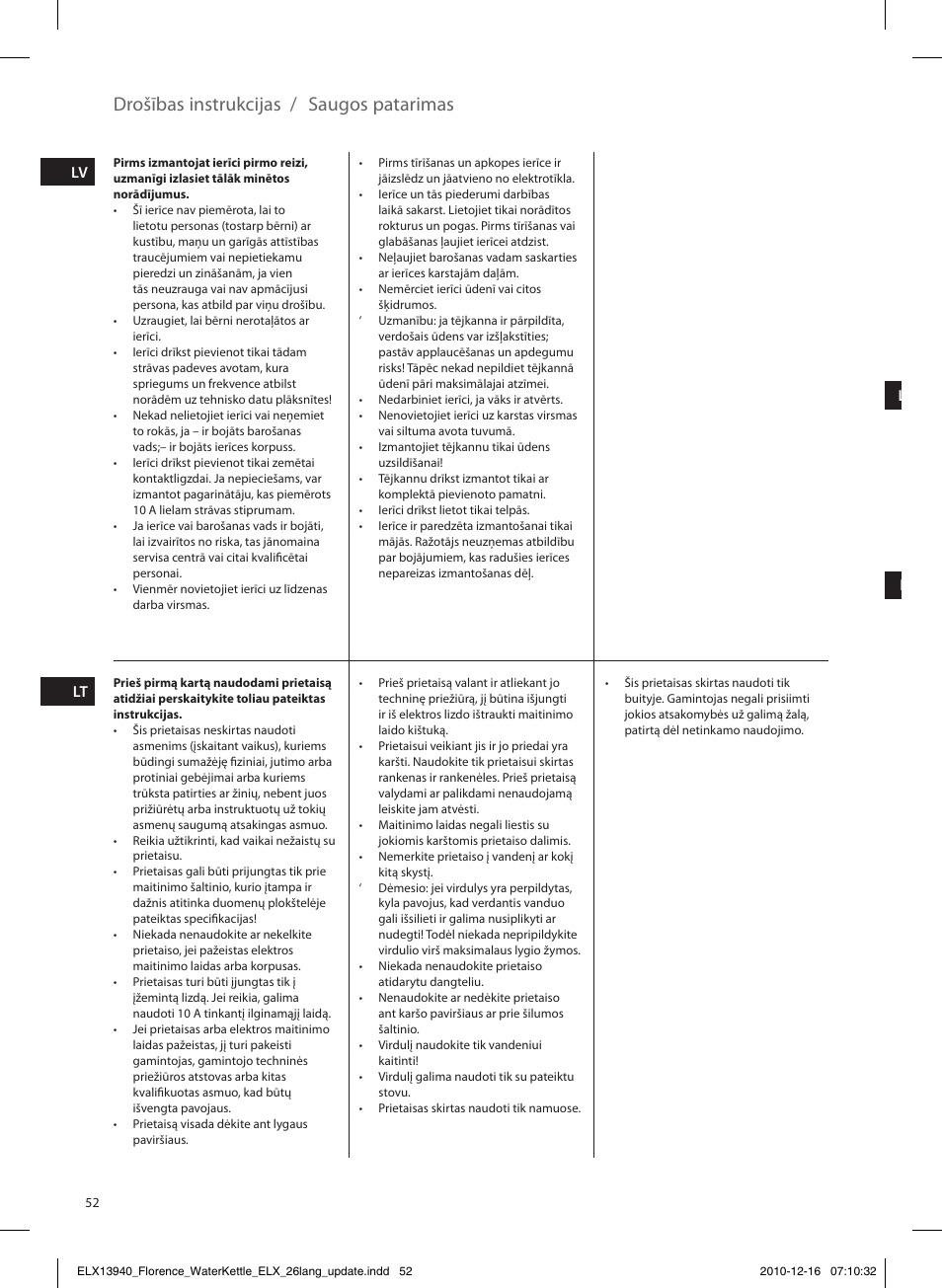 Drošības instrukcijas / saugos patarimas | Electrolux EEWA5200 User Manual | Page 52 / 60