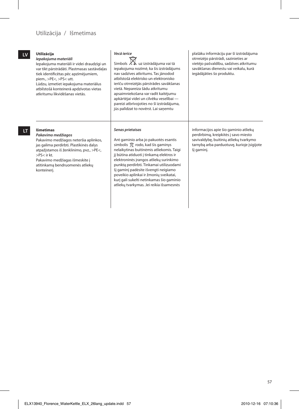Utilizācija, Išmetimas | Electrolux EEWA5200 User Manual | Page 57 / 60