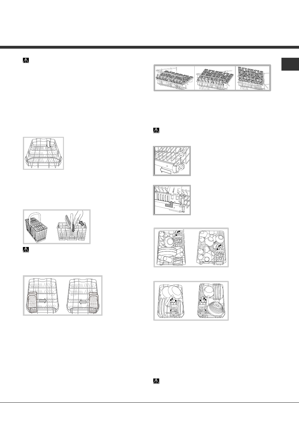 Charger les paniers, Panier du bas, Panier à couverts | Panier du haut | Hotpoint Ariston LST 328 A-HA User Manual | Page 29 / 84