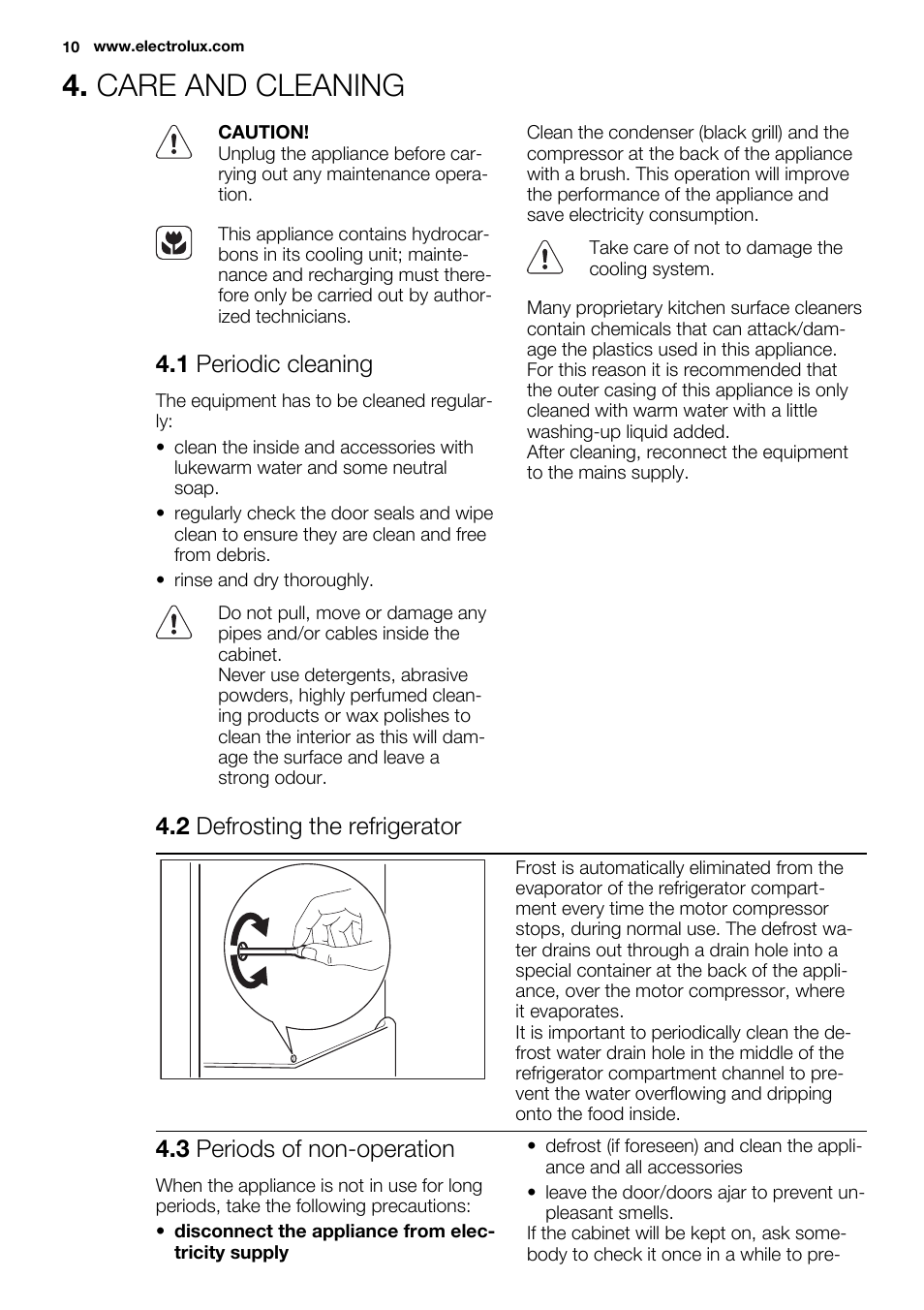 Care and cleaning, 1 periodic cleaning, 2 defrosting the refrigerator | 3 periods of non-operation | Electrolux ERW3313AOX User Manual | Page 10 / 72