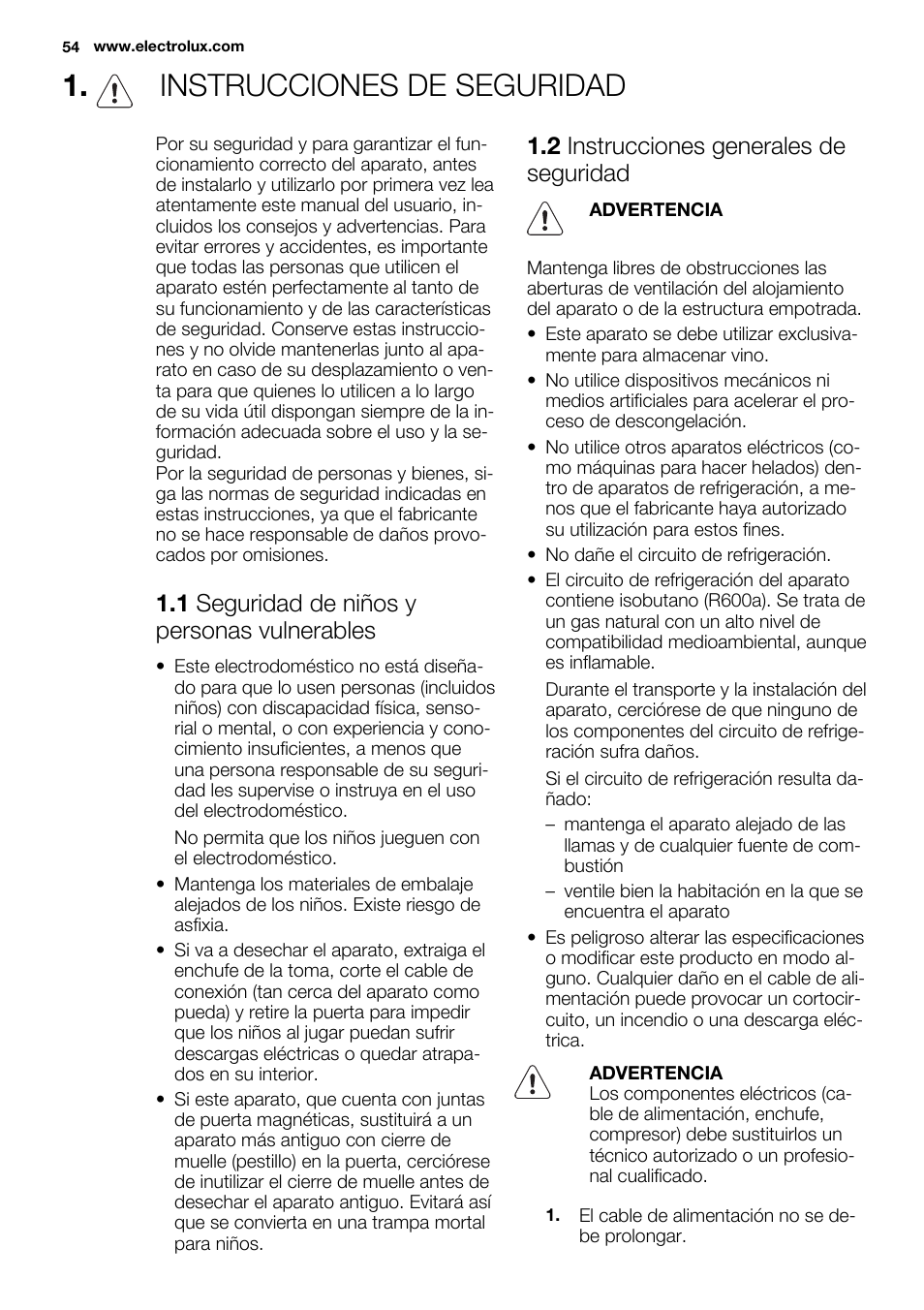 Instrucciones de seguridad, 1 seguridad de niños y personas vulnerables, 2 instrucciones generales de seguridad | Electrolux ERW3313AOX User Manual | Page 54 / 72