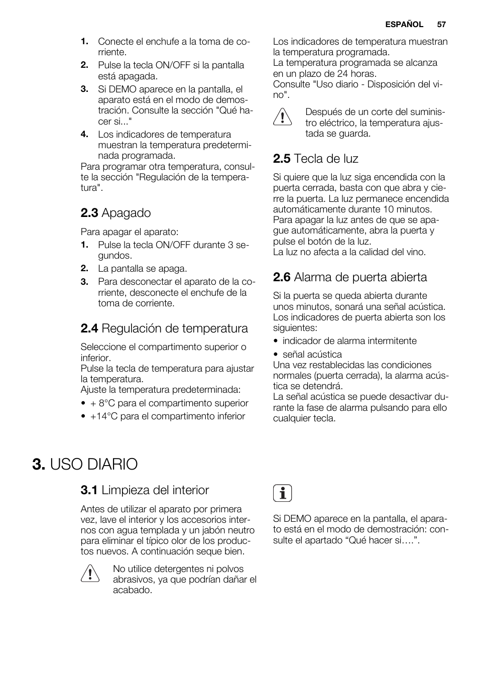 Uso diario, 3 apagado, 4 regulación de temperatura | 5 tecla de luz, 6 alarma de puerta abierta, 1 limpieza del interior | Electrolux ERW3313AOX User Manual | Page 57 / 72