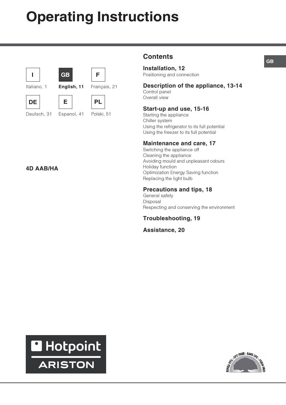 Operating instructions, Refrigerator/freezer combination contents | Hotpoint Ariston 4D AAB/HA User Manual | Page 11 / 60