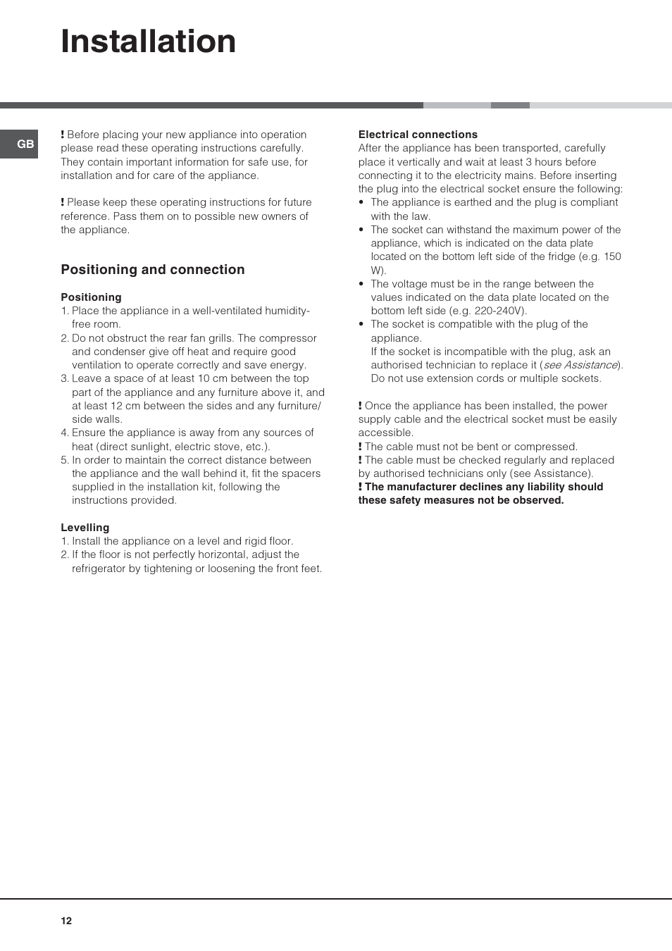 Installation | Hotpoint Ariston 4D AAB/HA User Manual | Page 12 / 60