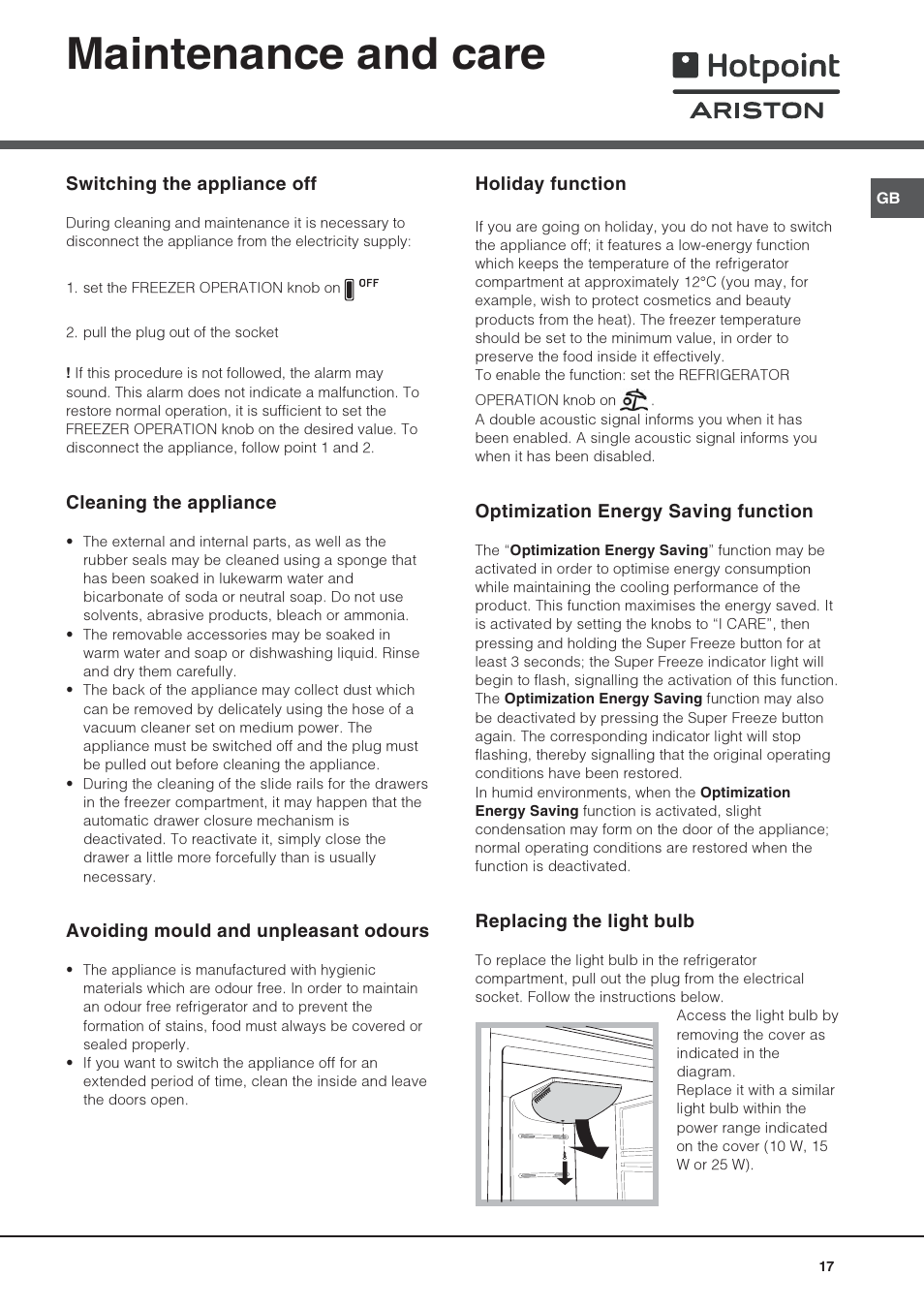 Maintenance and care | Hotpoint Ariston 4D AAB/HA User Manual | Page 17 / 60