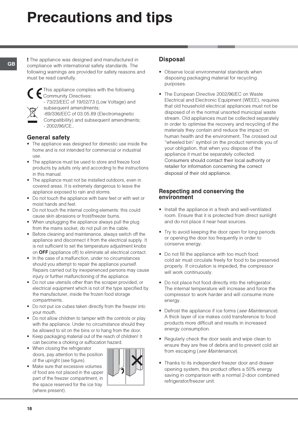 Precautions and tips, Disposal, Respecting and conserving the environment | General safety | Hotpoint Ariston 4D AAB/HA User Manual | Page 18 / 60