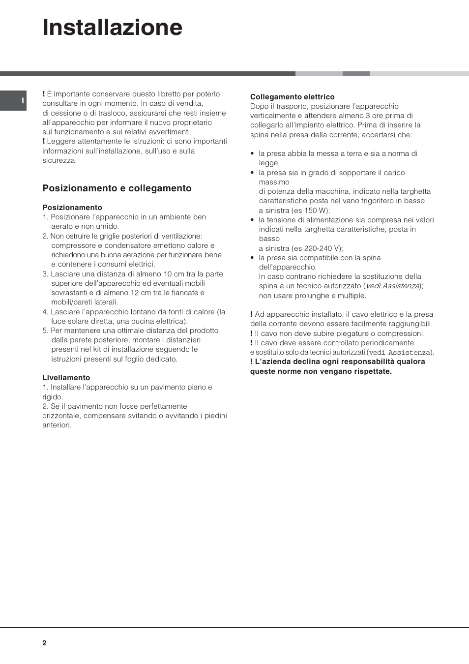 Installazione, Posizionamento e collegamento | Hotpoint Ariston 4D AAB/HA User Manual | Page 2 / 60